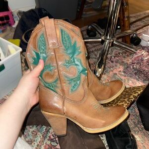 Stylish Brown Leather Boots with Green Accents